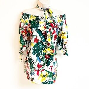 Oakridge Tropical Floral Cotton Off Shoulder Halter Tie Neck Pullover Blouse Top